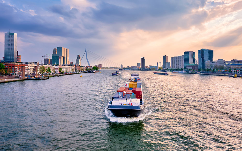 Rotterdam cityscape view over Nieuwe Maas river, Netherlands